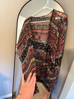 Charlotte Russe Sheer Boho Kimono in Black with Red and Teal Accents